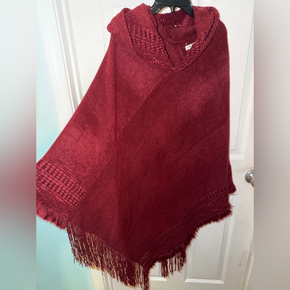 Minette Burgundy Knit Hooded Poncho with Fringe. One size